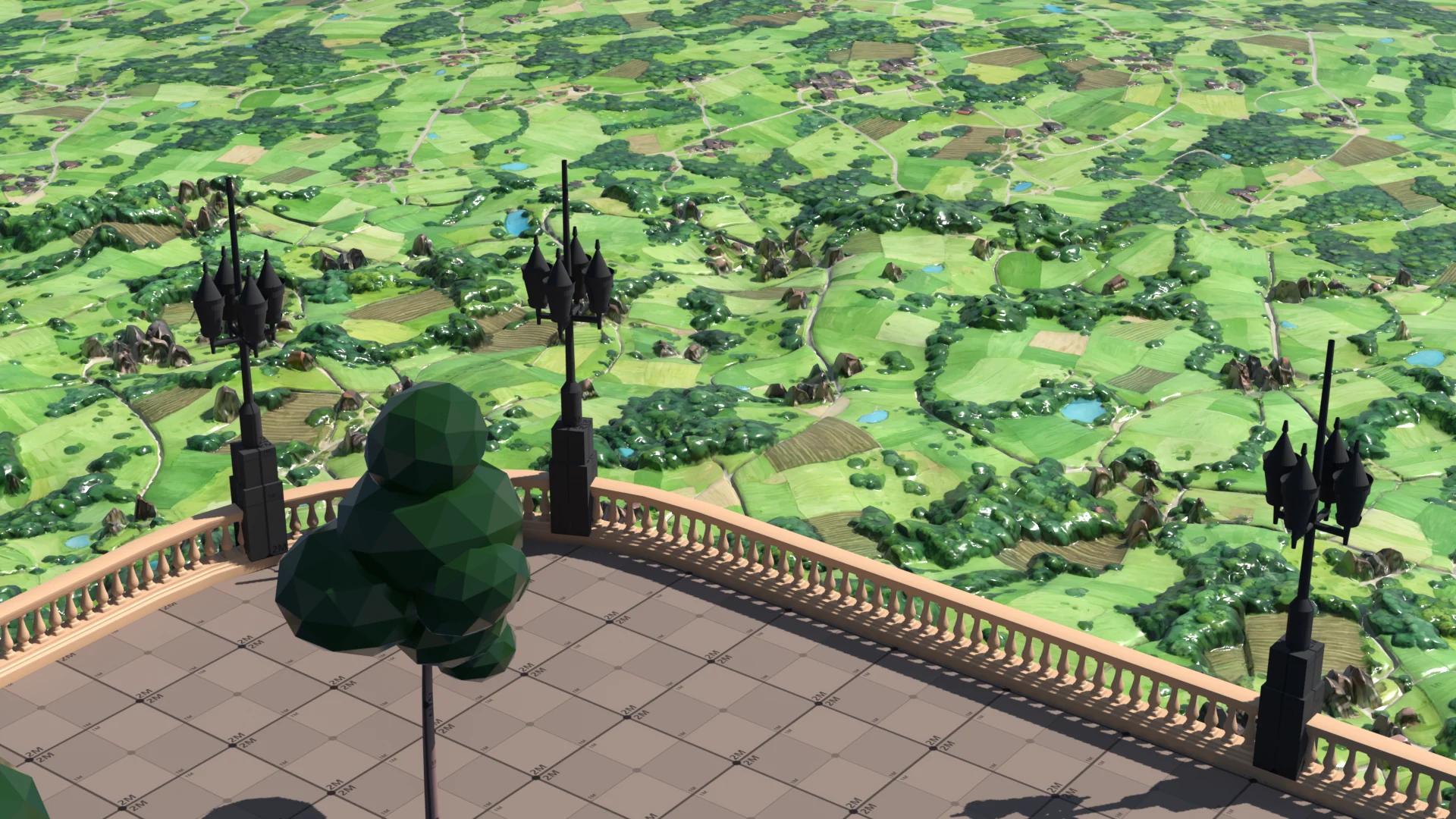 Vue depuis une terrasse vers la campagne sous la ville