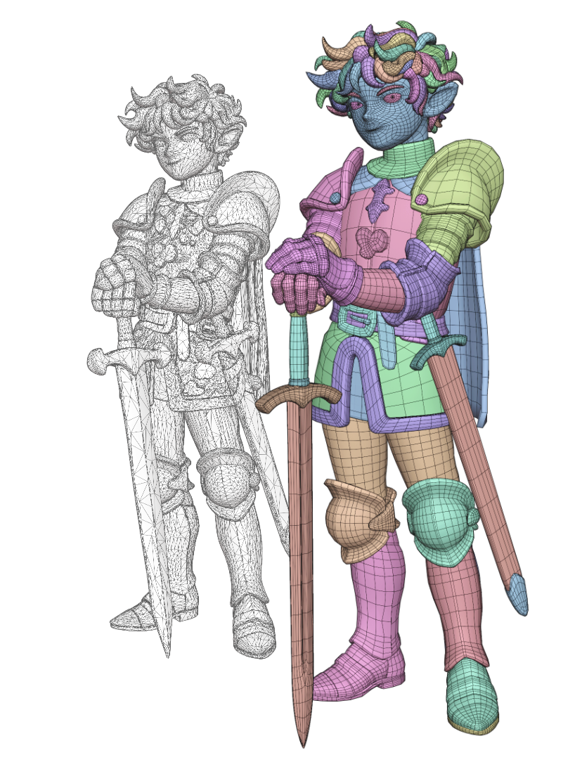 Full knight before and after retopology, with the dense source on the left and new topology on the right