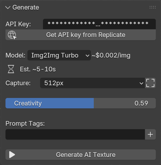 Panel Generate — choix du modèle, capture, prompt tags