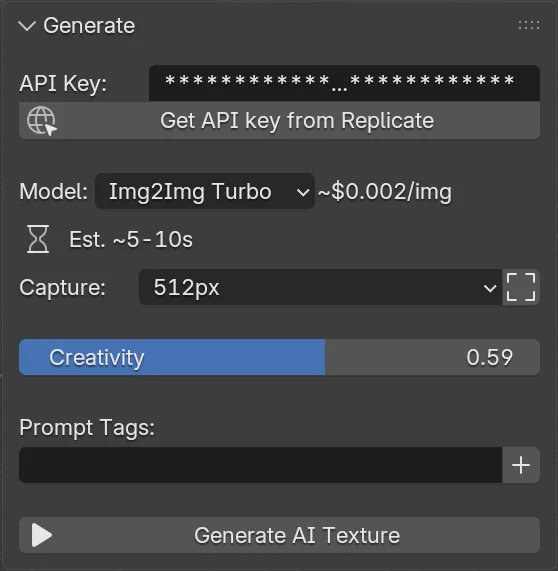 Panel Generate — choix du modèle, capture, prompt tags