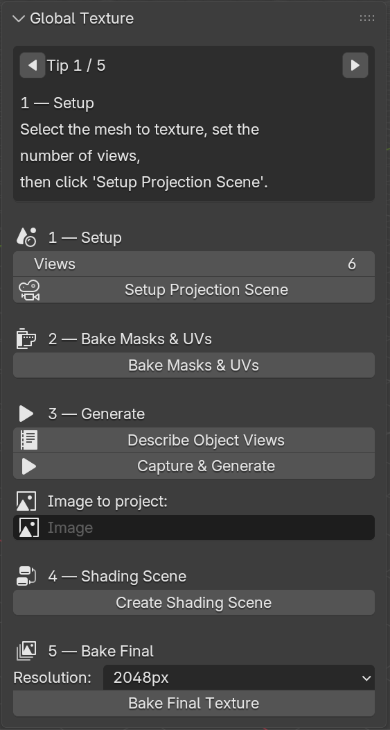 Panel Global Texture — workflow multi-vues en 5 étapes