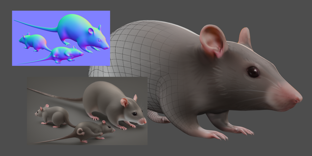 Normal maps → texturing IA — exemple sur un modèle de rats