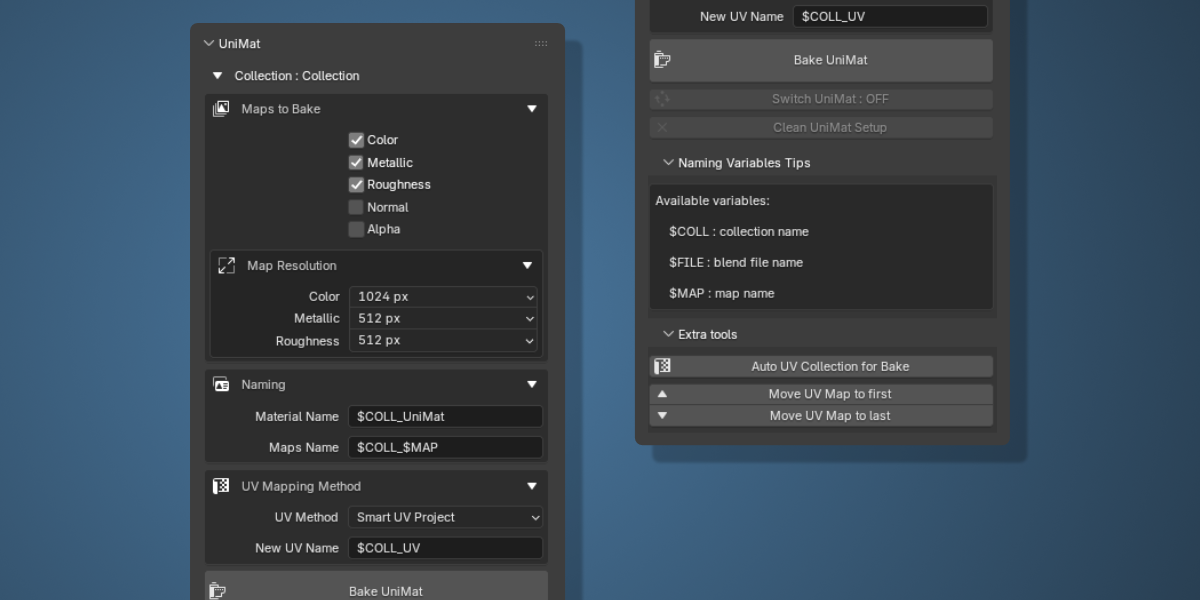 Interface complète — maps, résolution, naming, UV